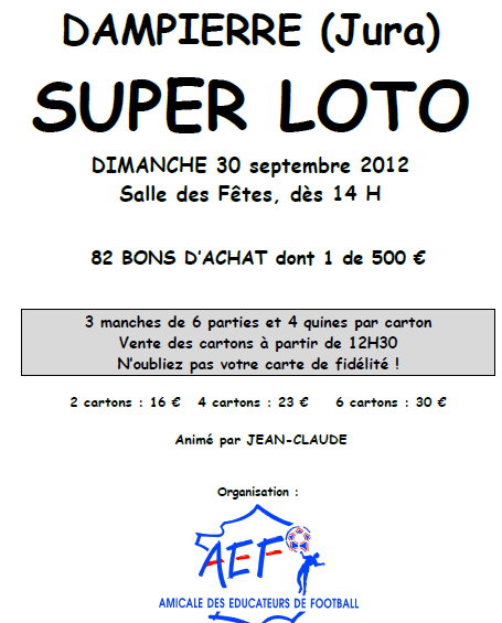 12e loto de l’Amicale du Jura ce dimanche 30 septembre 2012